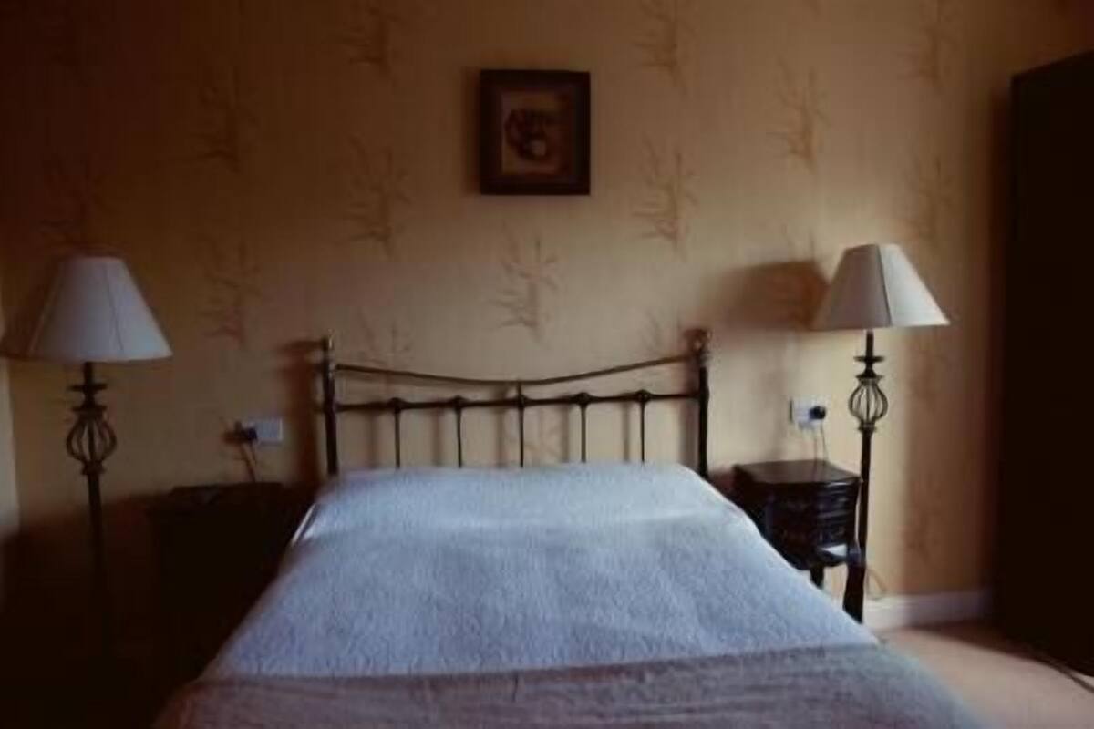 A room with a bed, two bedside tables, and two wall-mounted lamps.
