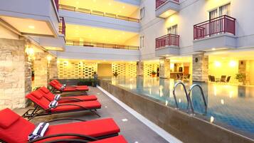 Indoor pool, outdoor pool, sun loungers