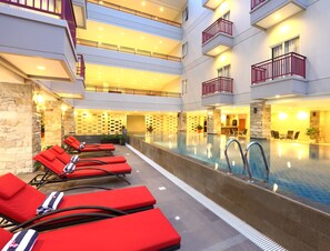Indoor pool, outdoor pool, pool loungers