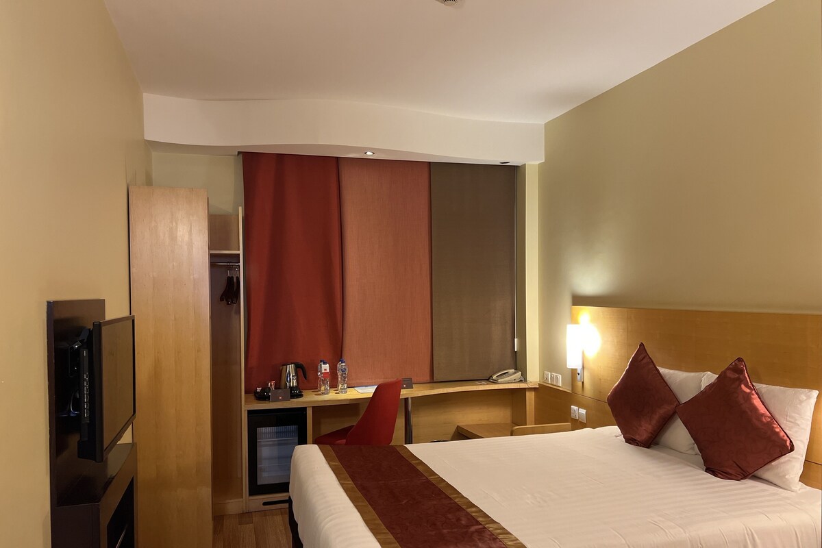 A hotel room with a bed, a desk, a TV, a minibar, and a wardrobe.