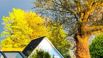 Ein blaues Haus mit geneigtem Dach, umgeben von Bäumen und Grün.