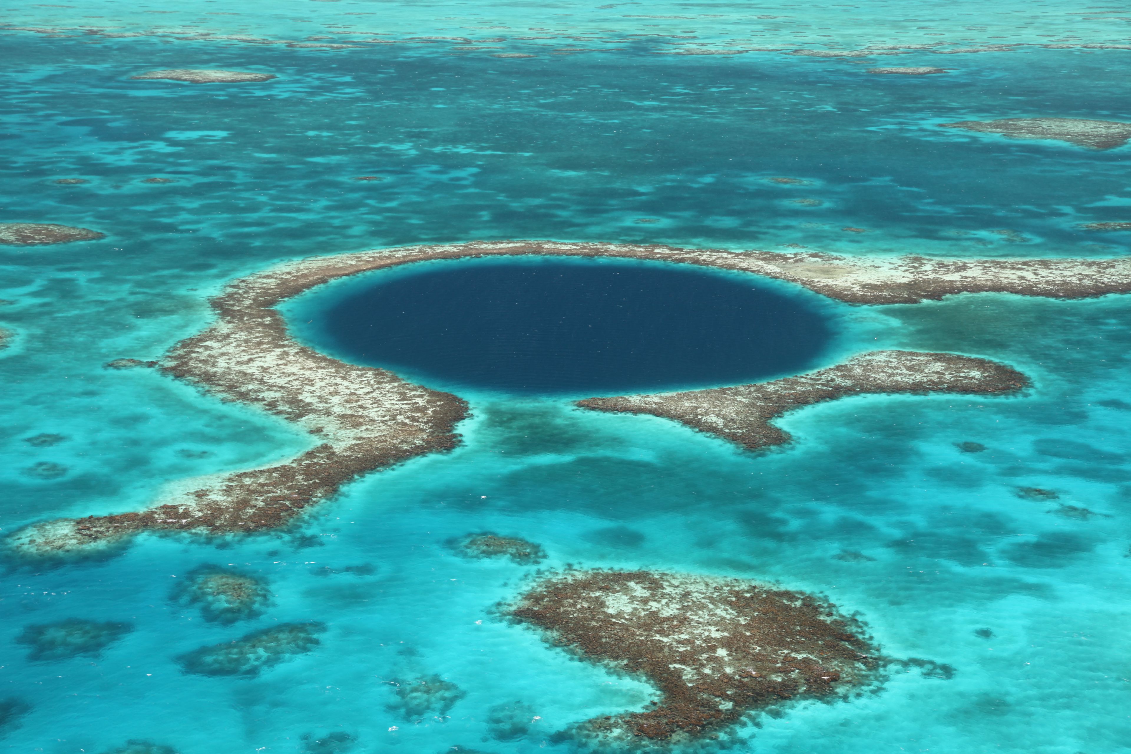 An aerial view of a clear blue lagoon with coral formations.