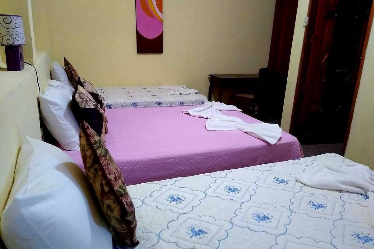 Een kamer met twee bedden, één met een roze dekbedovertrek en de ander met een witte dekbedovertrek met blauwe bloemendesign. Links hangt een wandlamp en rechts een deur.