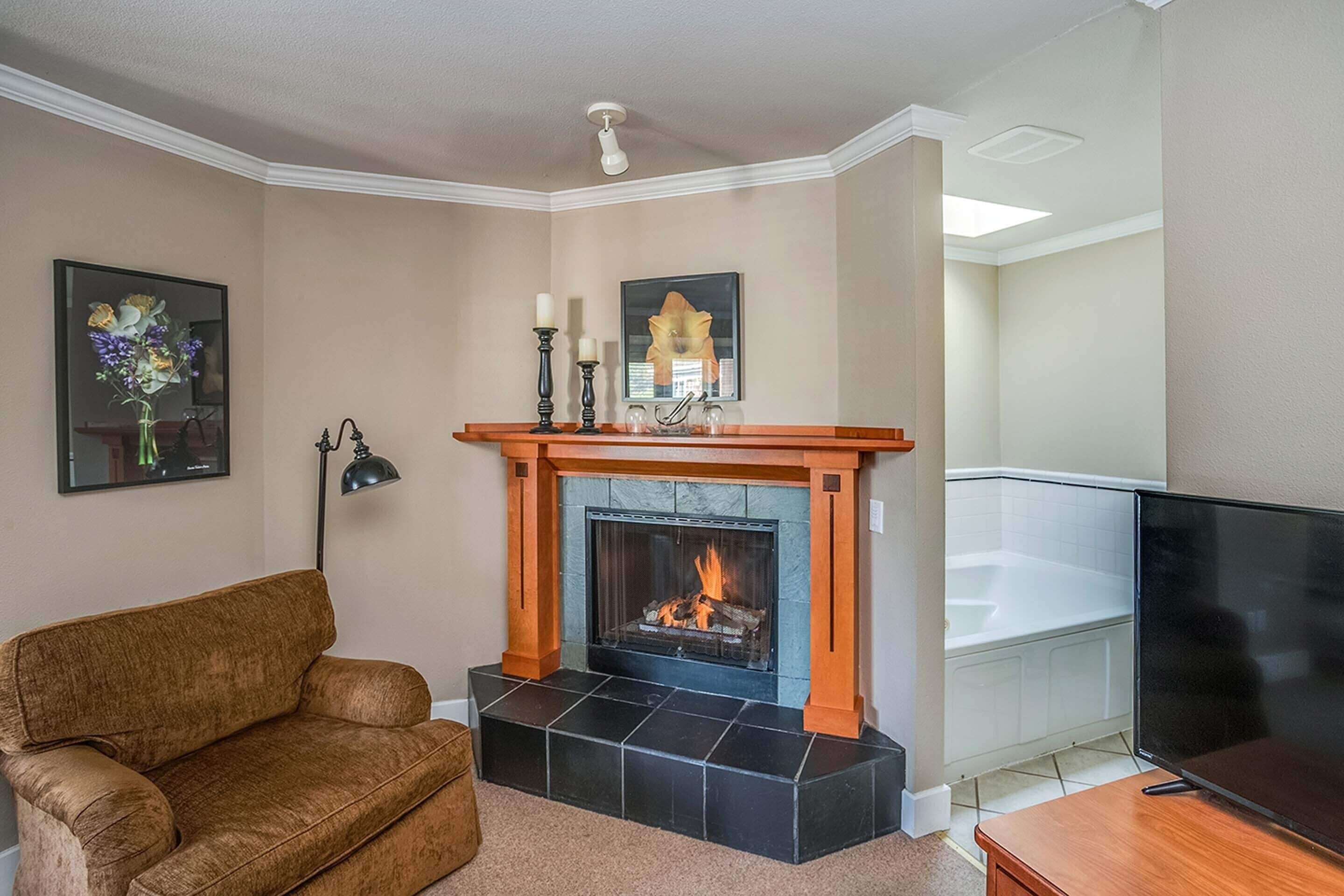 A living room with a fireplace, a sofa, a flat-screen TV, and a framed picture on the wall.