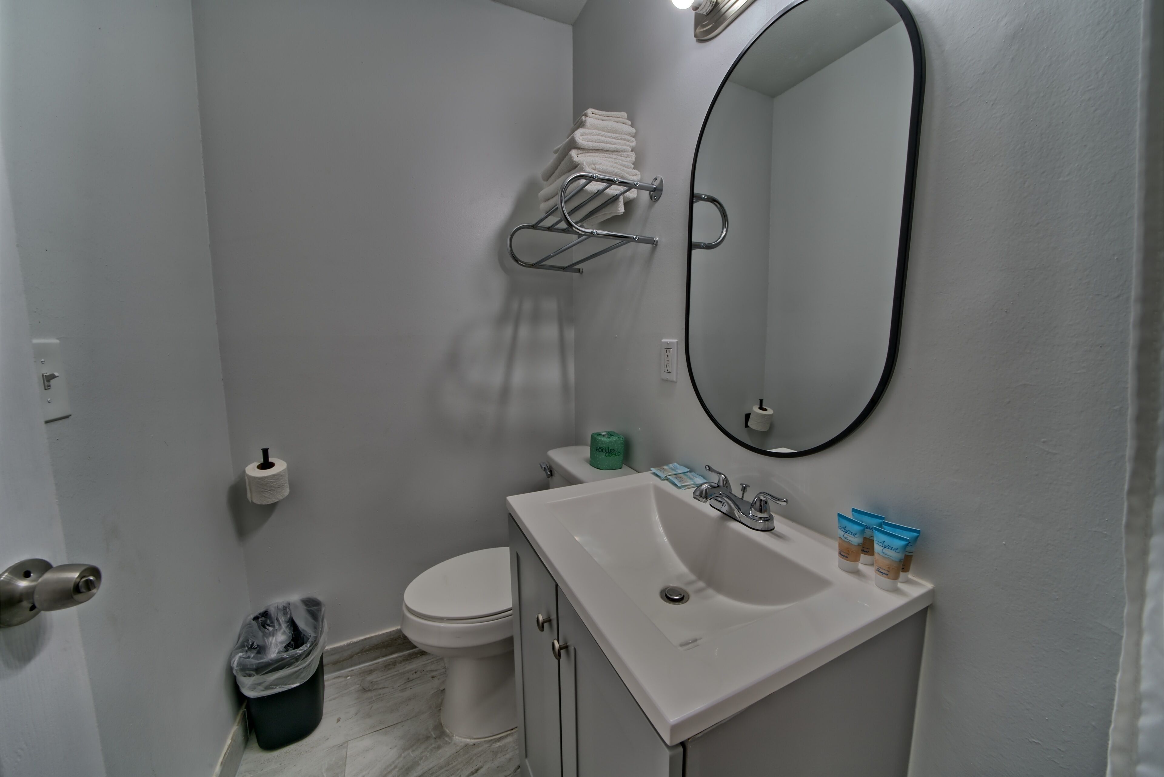 A bathroom with a toilet, sink, mirror, towel rack, and trash bin.