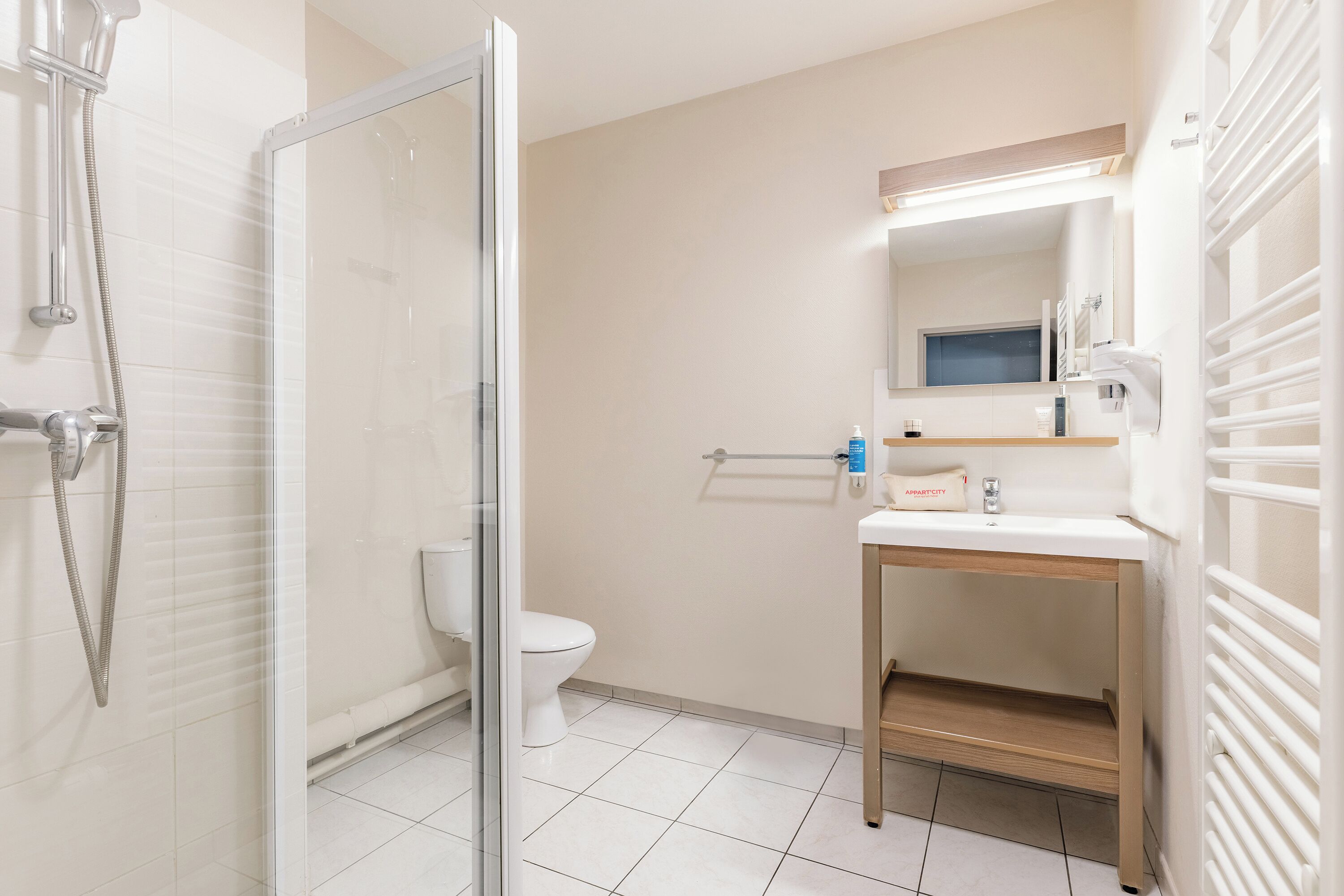 A modern bathroom with a glass shower enclosure, a toilet, and a sink with a mirror above it.