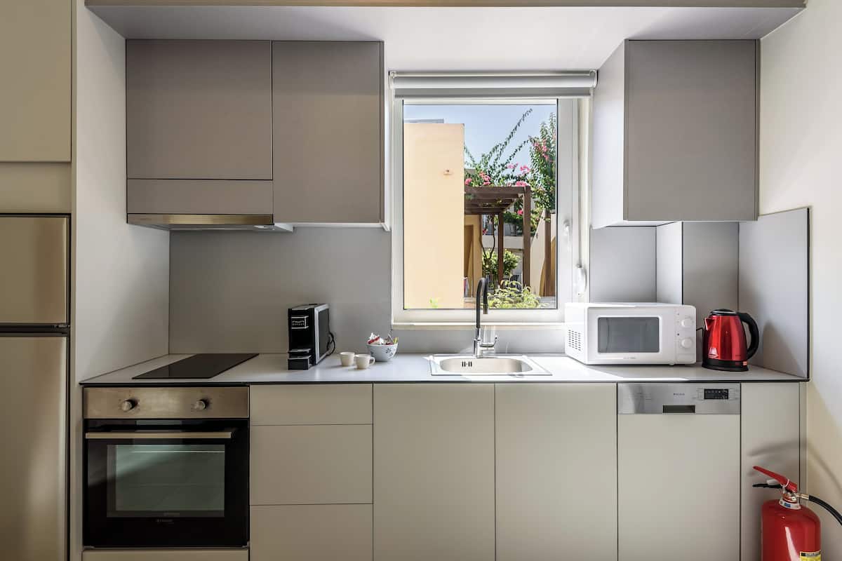 villa, 1 bedroom | private kitchen | full-sized fridge, microwave, oven, stovetop