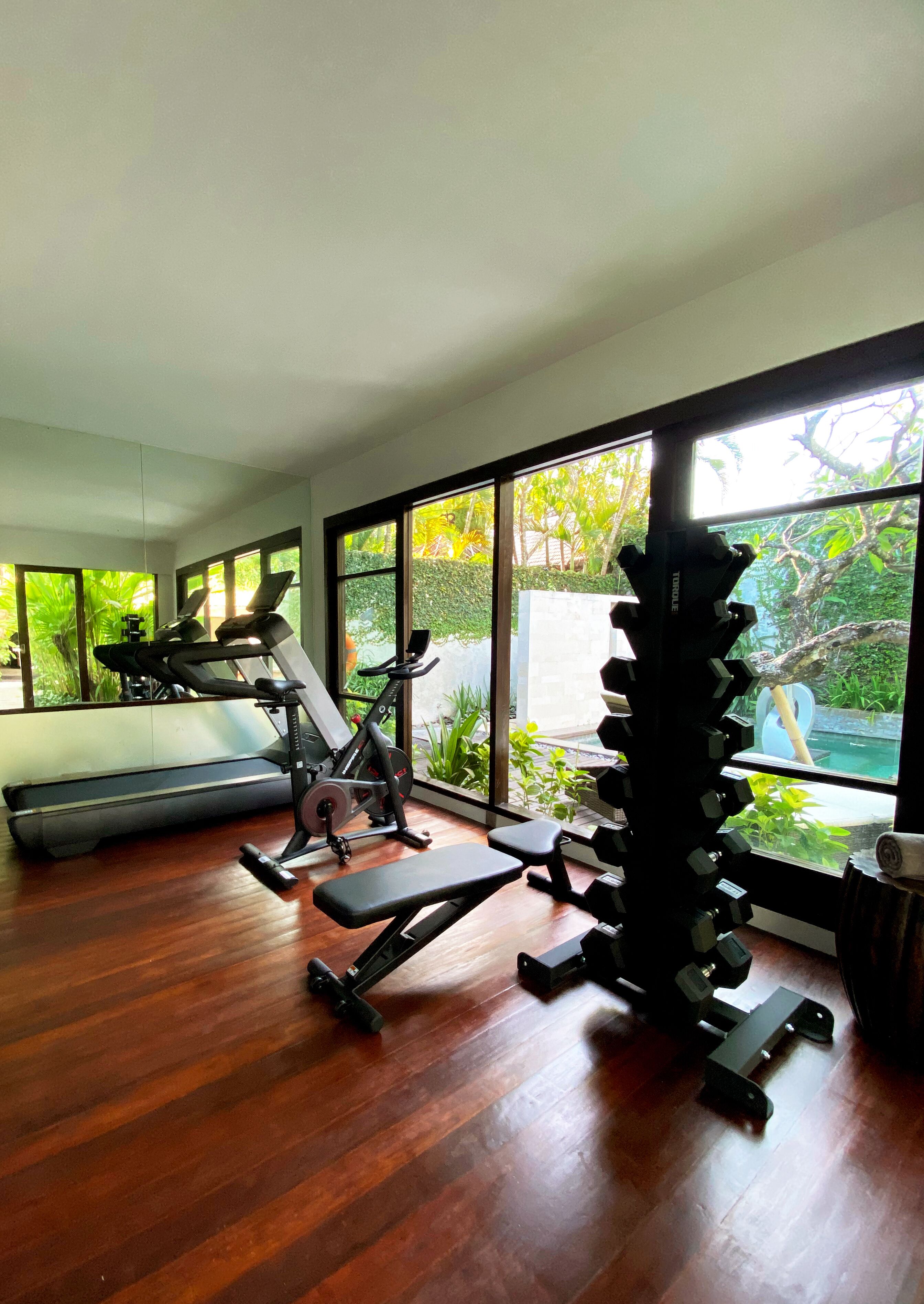 Un gimnasio en casa con equipo de ejercicio, ventanas amplias y vistas a zonas verdes.