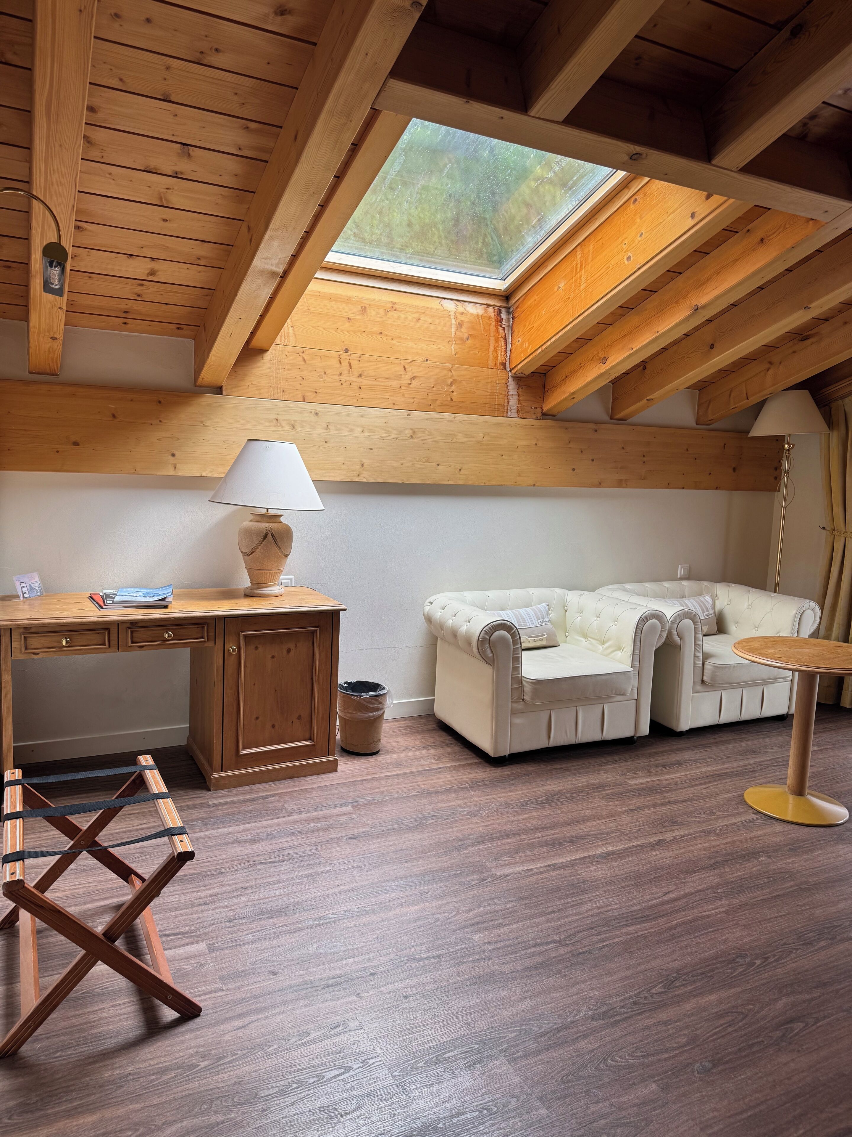 A loft-style room with a wooden ceiling, a skylight, a desk, a cushioned sofa, a small round table, and a floor lamp.