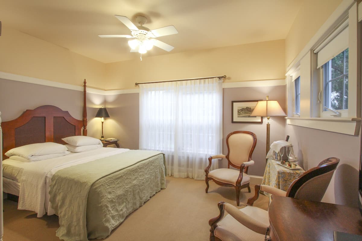 Room (Waverly) | Premium bedding, desk, laptop workspace, blackout drapes