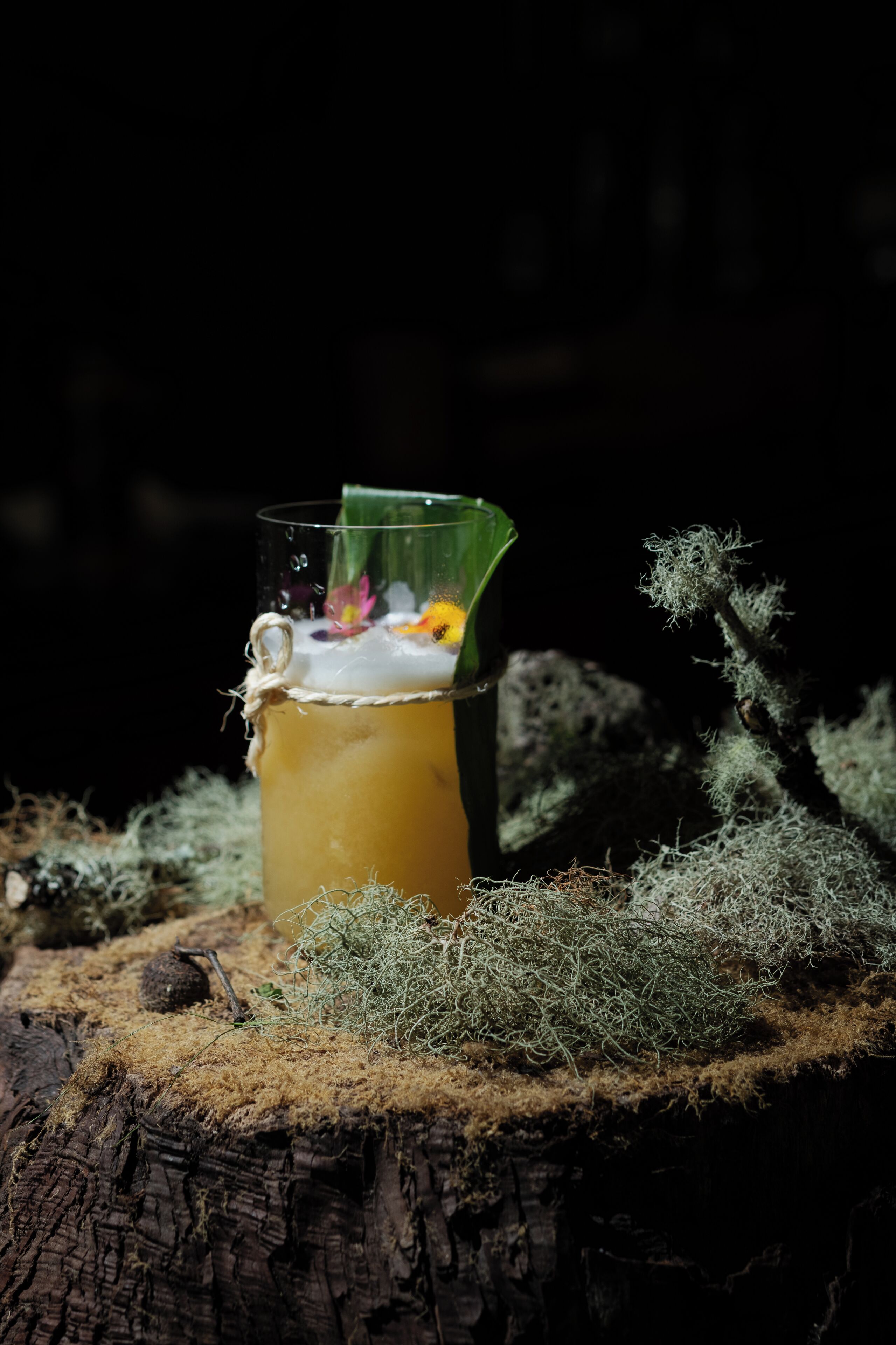 A glass with a drink on a moss-covered tree stump.