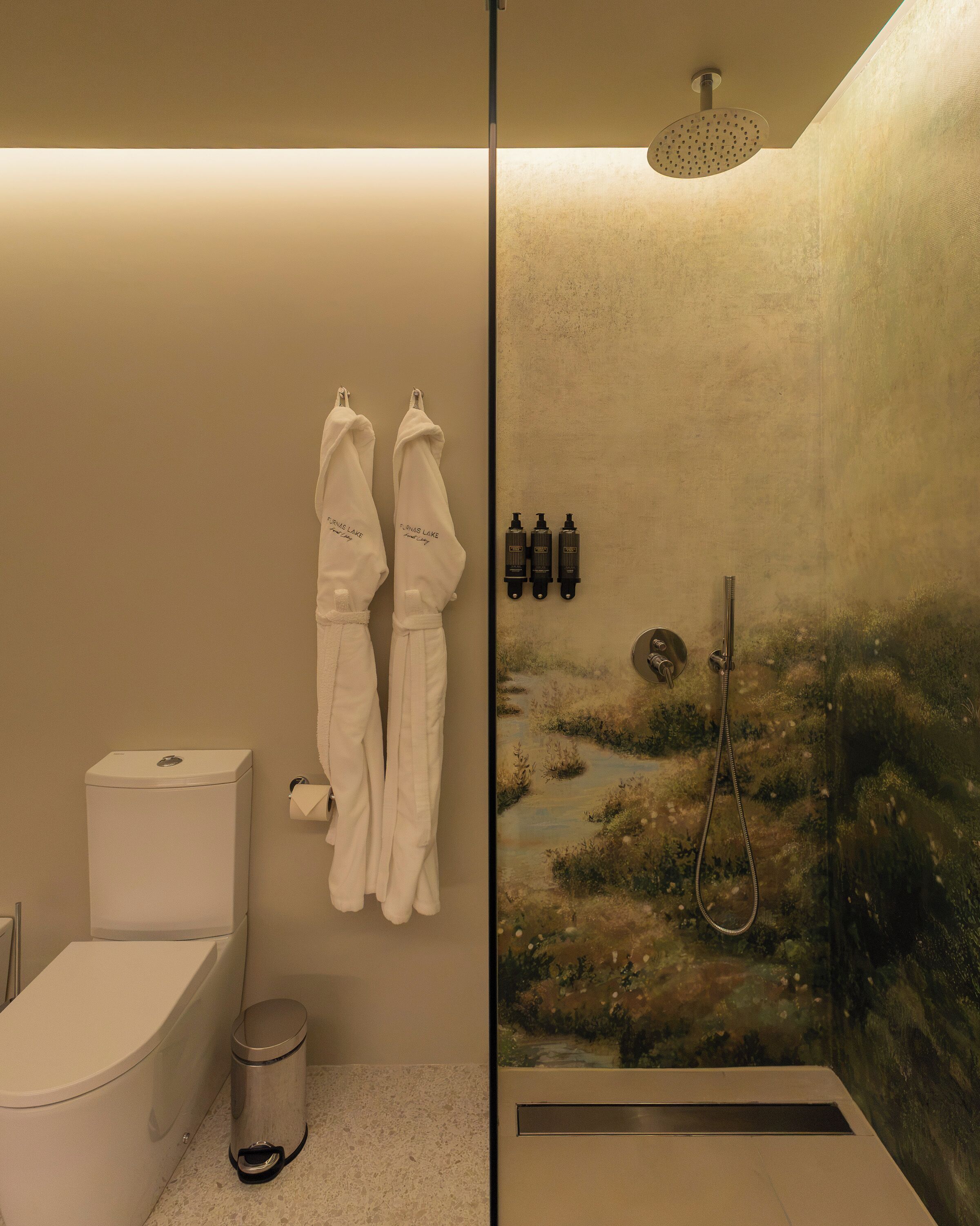 Een badkamer met toilet, een prullenbak, een douche met een wandmengkraan en een handdoekrek met twee handdoeken.