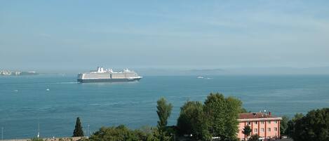 Un gran crucero navega sobre un mar tranquilo, con un pueblo costero al fondo.