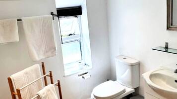 A small, compact bathroom with a toilet, sink, and towel rack.