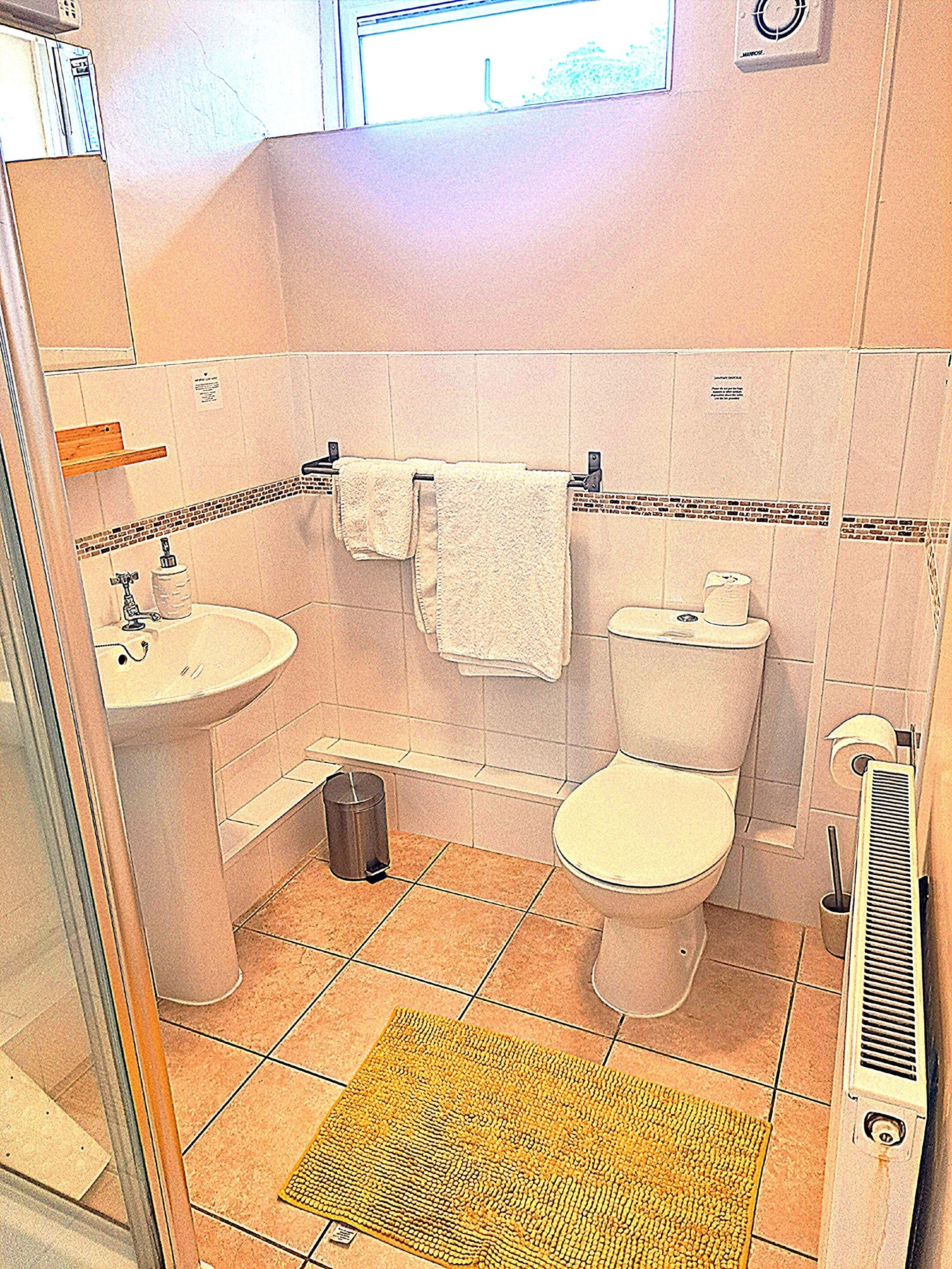 A bathroom with a sink, toilet, and a shower area.