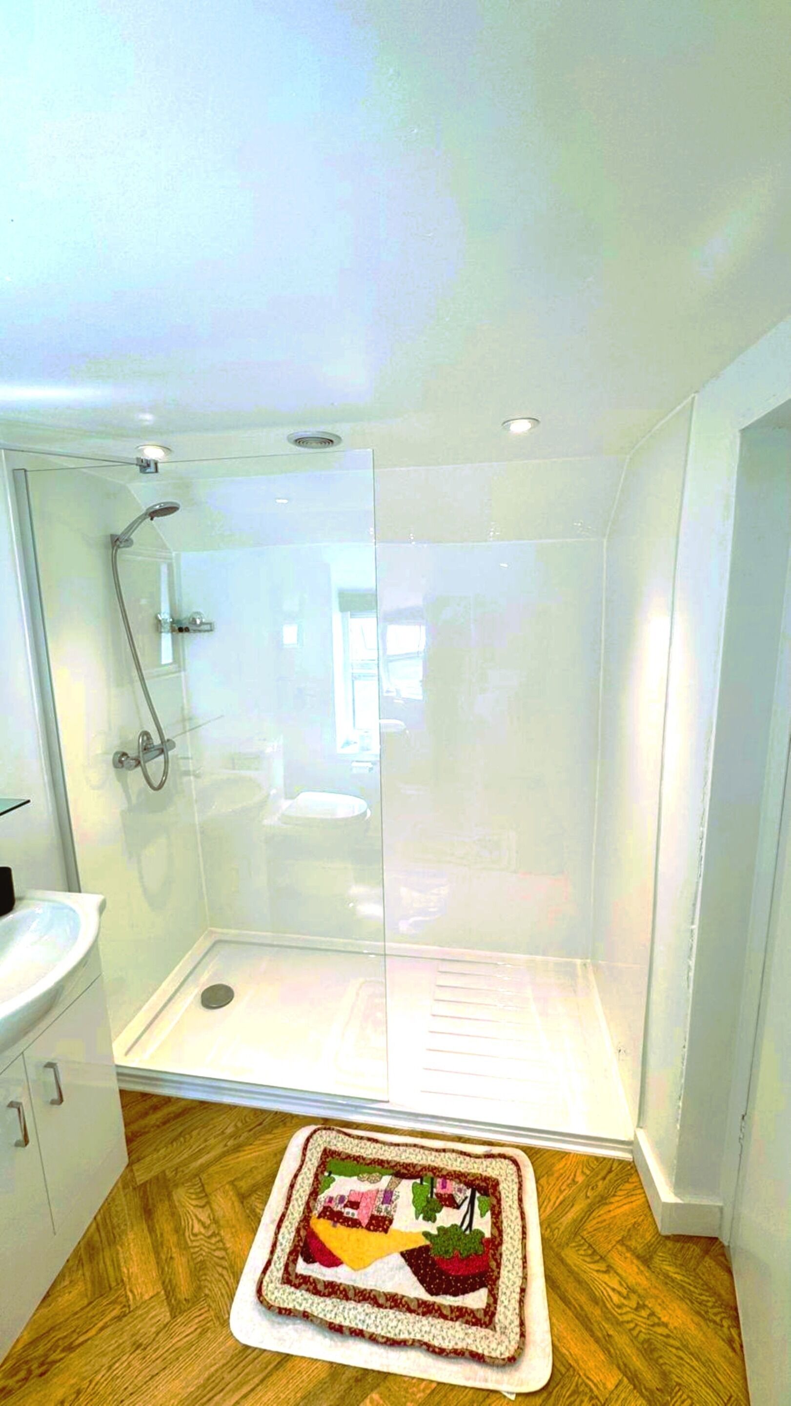 A modern bathroom with a glass shower enclosure, a wooden floor, and a rug with a landscape design.
