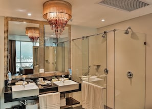 Shower, free toiletries, hair dryer, towels