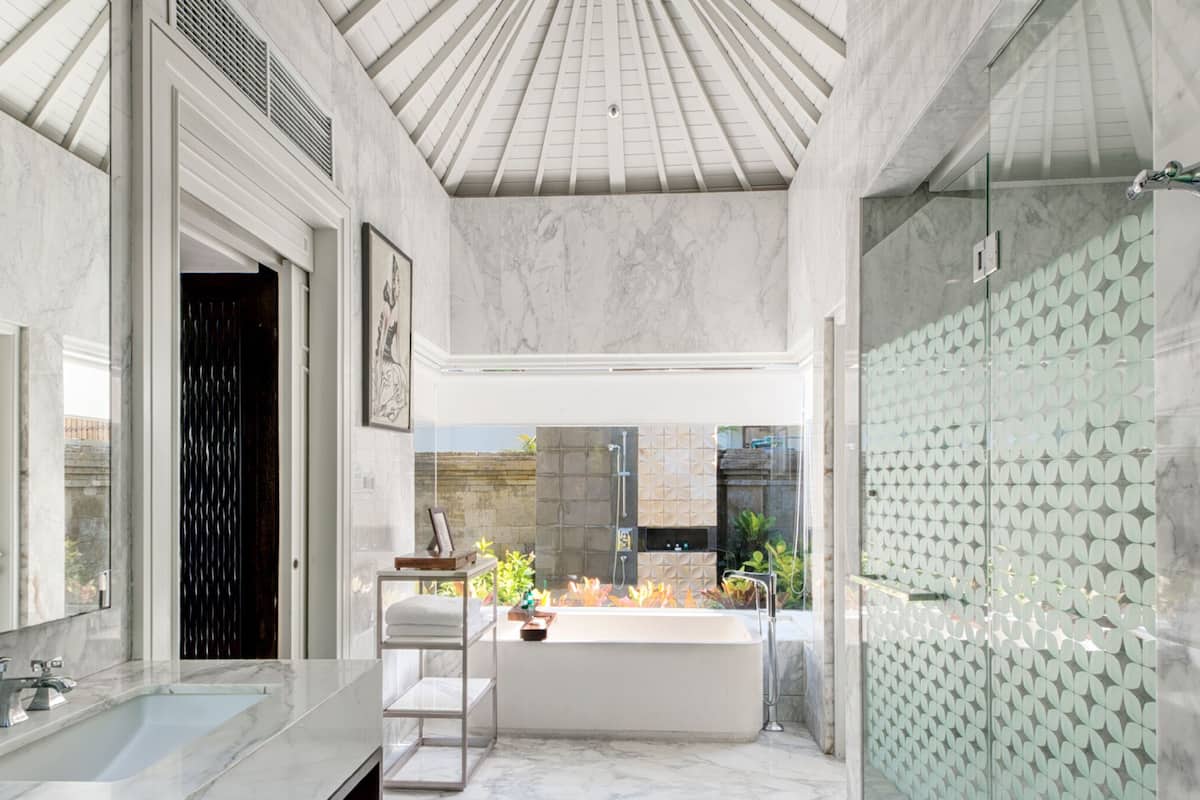 Separate tub and shower, deep soaking tub, designer toiletries