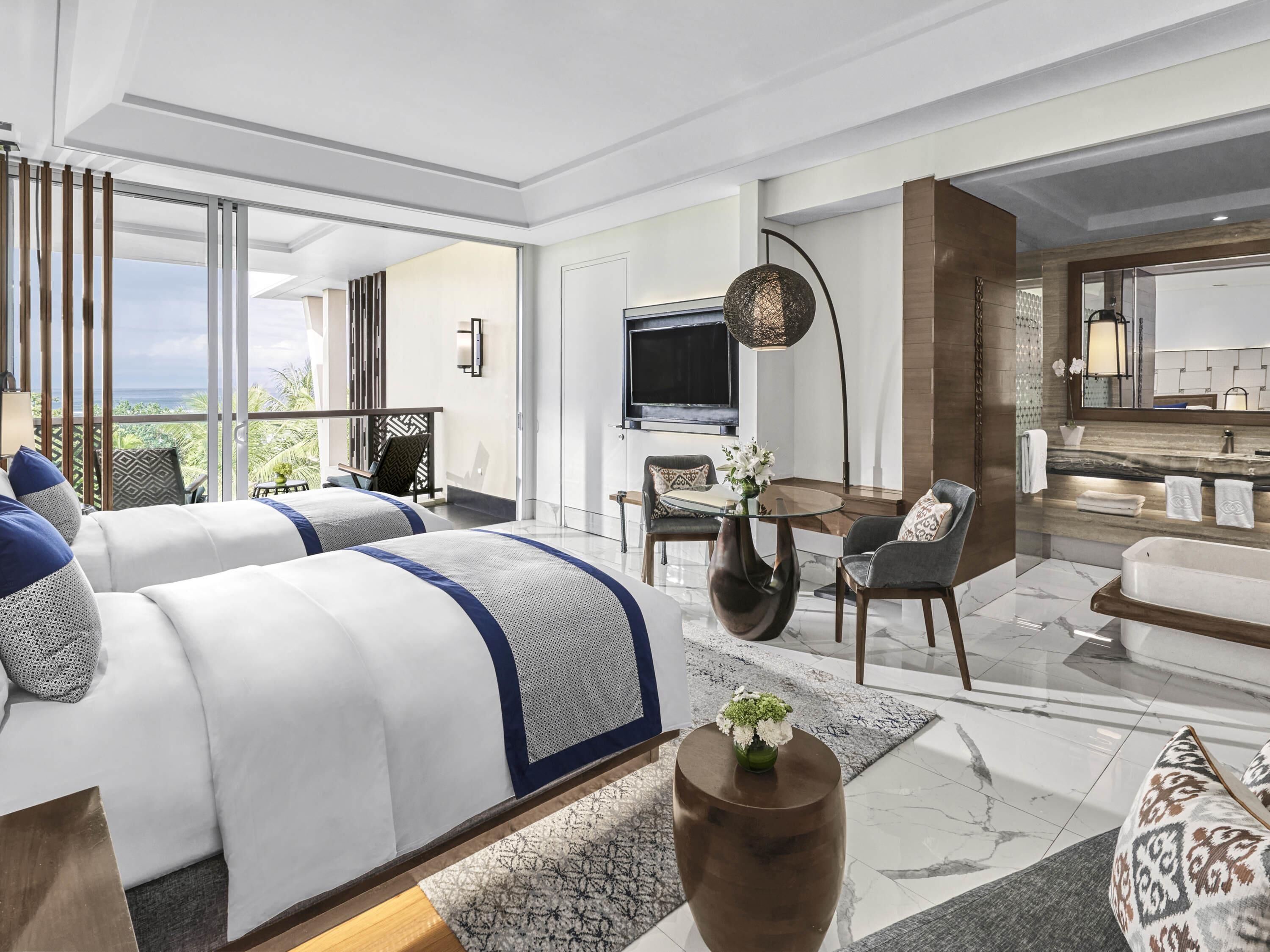 Habitación de lujo, 2 camas individuales, vista al océano | Ropa de cama de alta calidad, edredón y minibar 