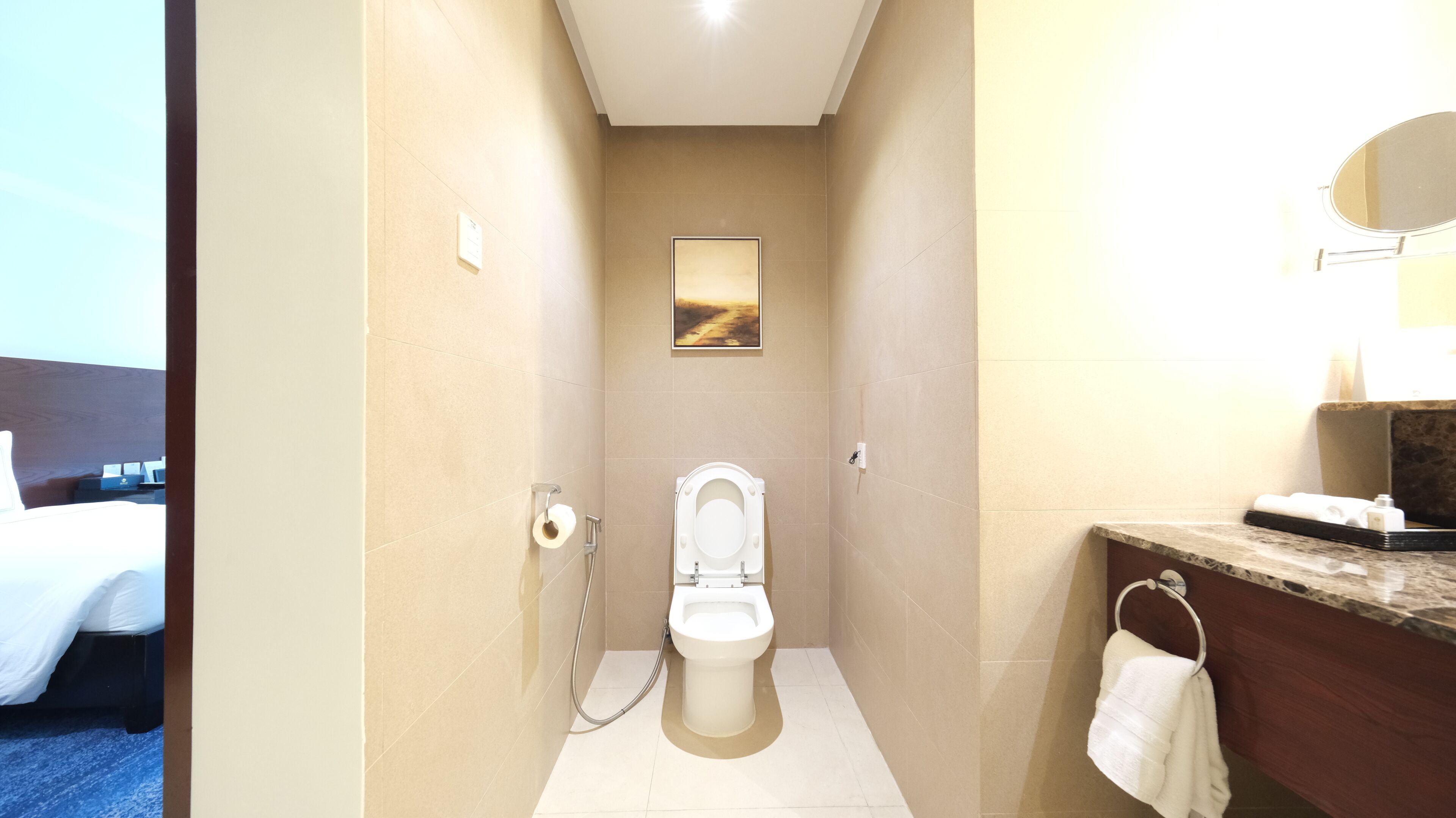 Un bagno d'albergo con il water, un asciugatore per le mani, un portasciuga e un quadro appeso al muro.
