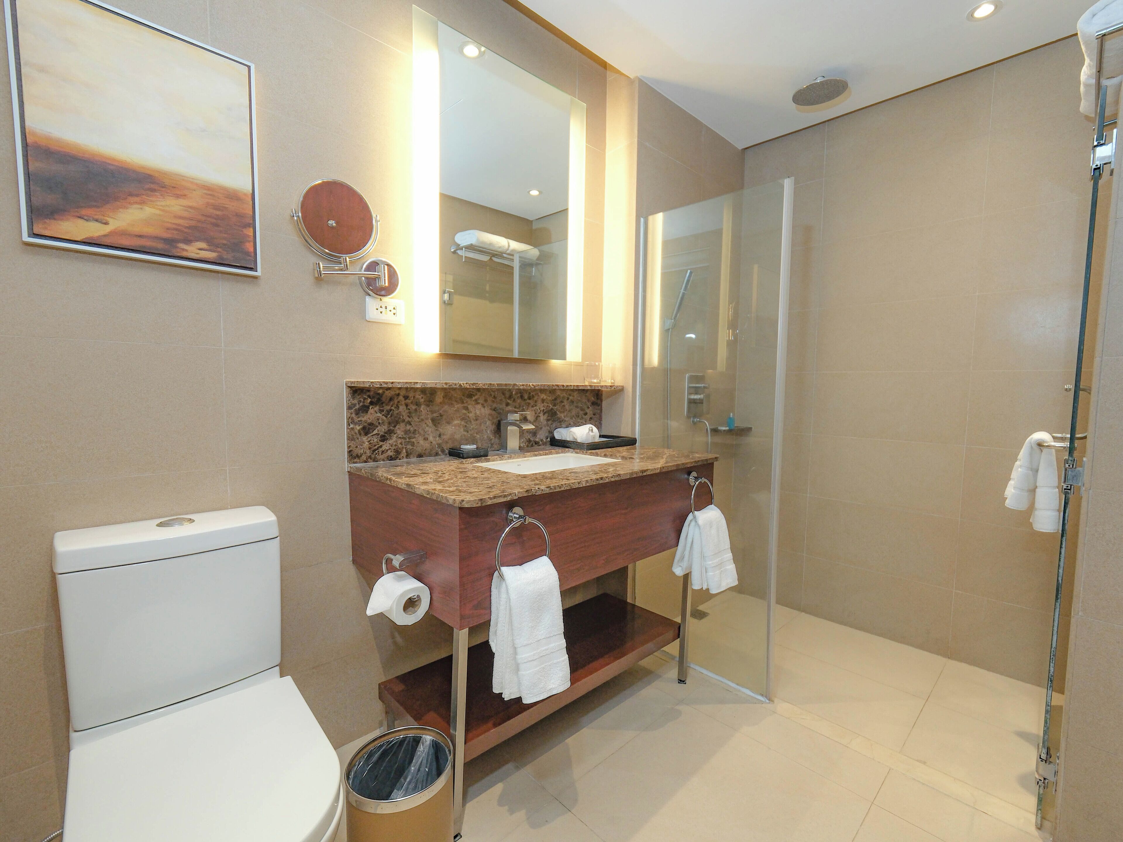 A modern bathroom with a marble sink, a toilet, a glass shower enclosure, and a large mirror.
