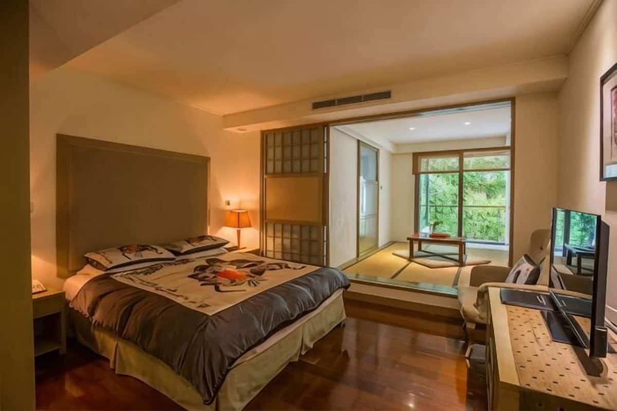A bedroom with a bed, bedside table, lamp, TV, and a view of the outdoors.