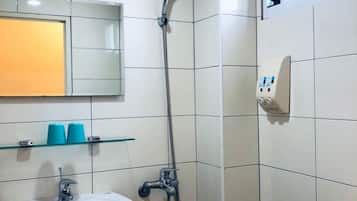 A bathroom with a white sink, a mirror, a shower with a handheld showerhead, and a window.