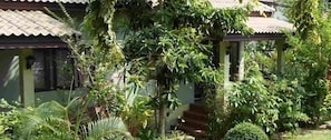A traditional house with a tiled roof, surrounded by lush greenery and a small staircase leading to the entrance.