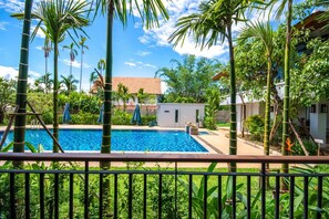 Outdoor pool, pool umbrellas, pool loungers