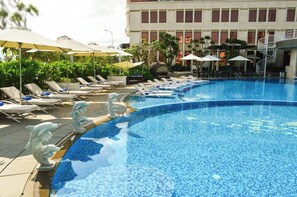 Outdoor pool, pool umbrellas, pool loungers
