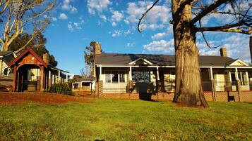 A residential property with a large lawn, a prominent tree, and a brick house with a porch.