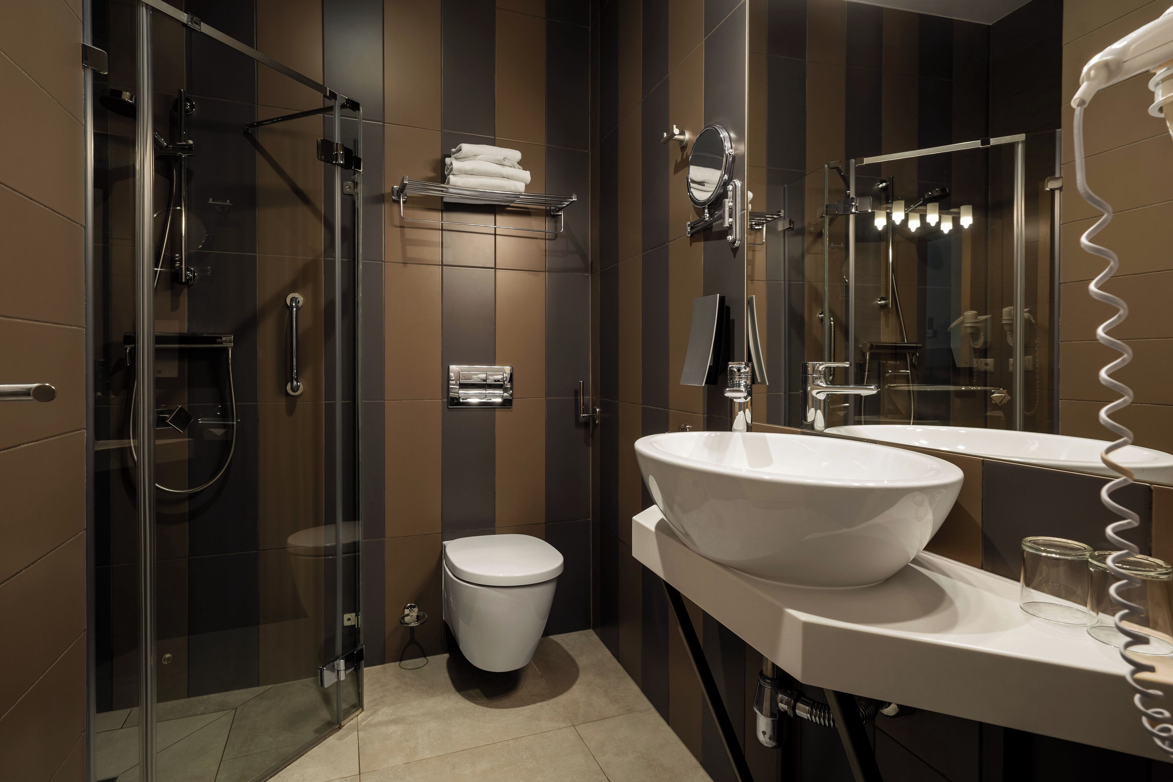 hydromassage showerhead, hair dryer, heated floors, towels