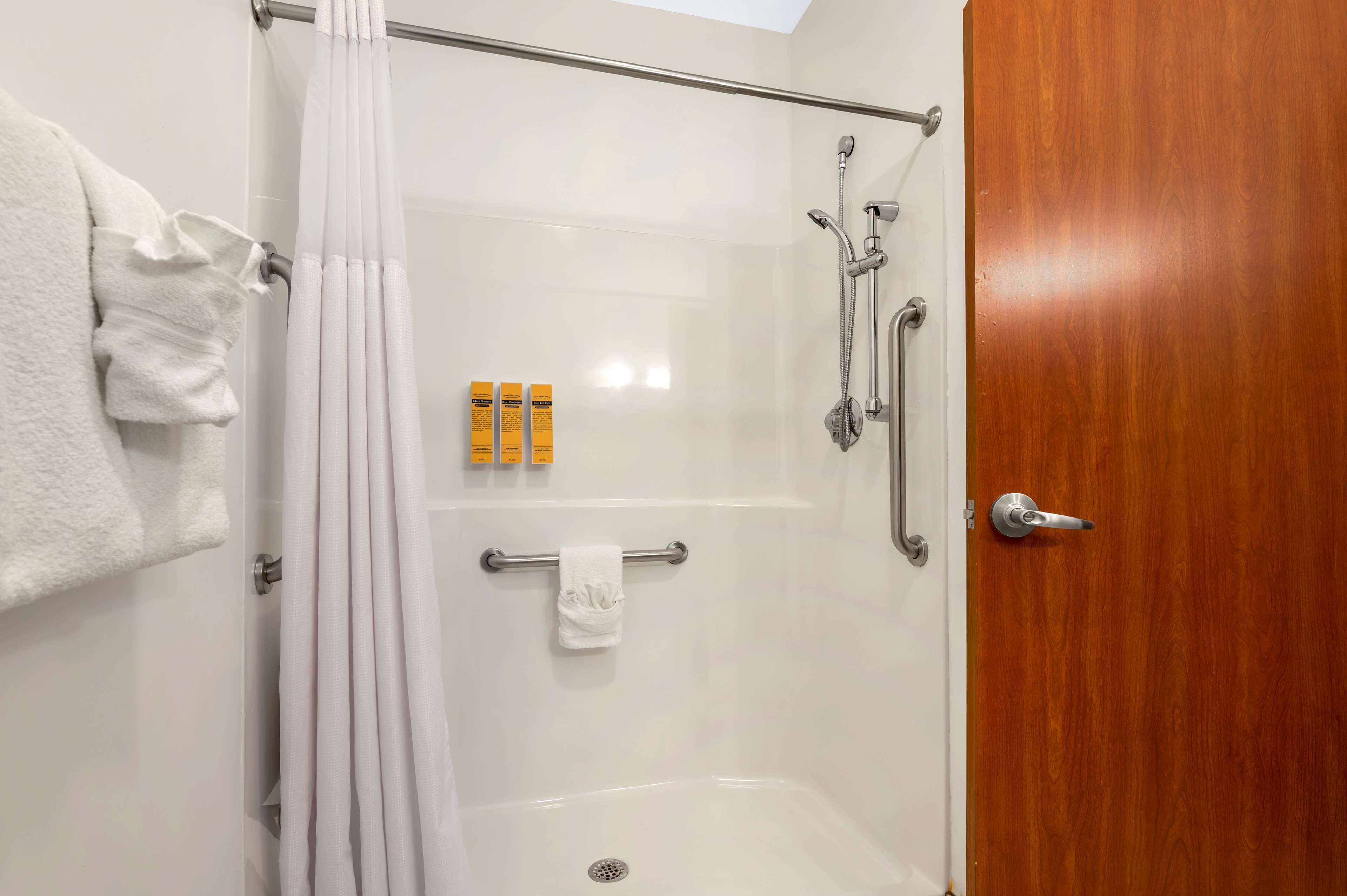 standard room, 1 king bed, accessible, non smoking (walk-in shower) | bathroom | combined shower/bathtub, designer toiletries, hair dryer, towels