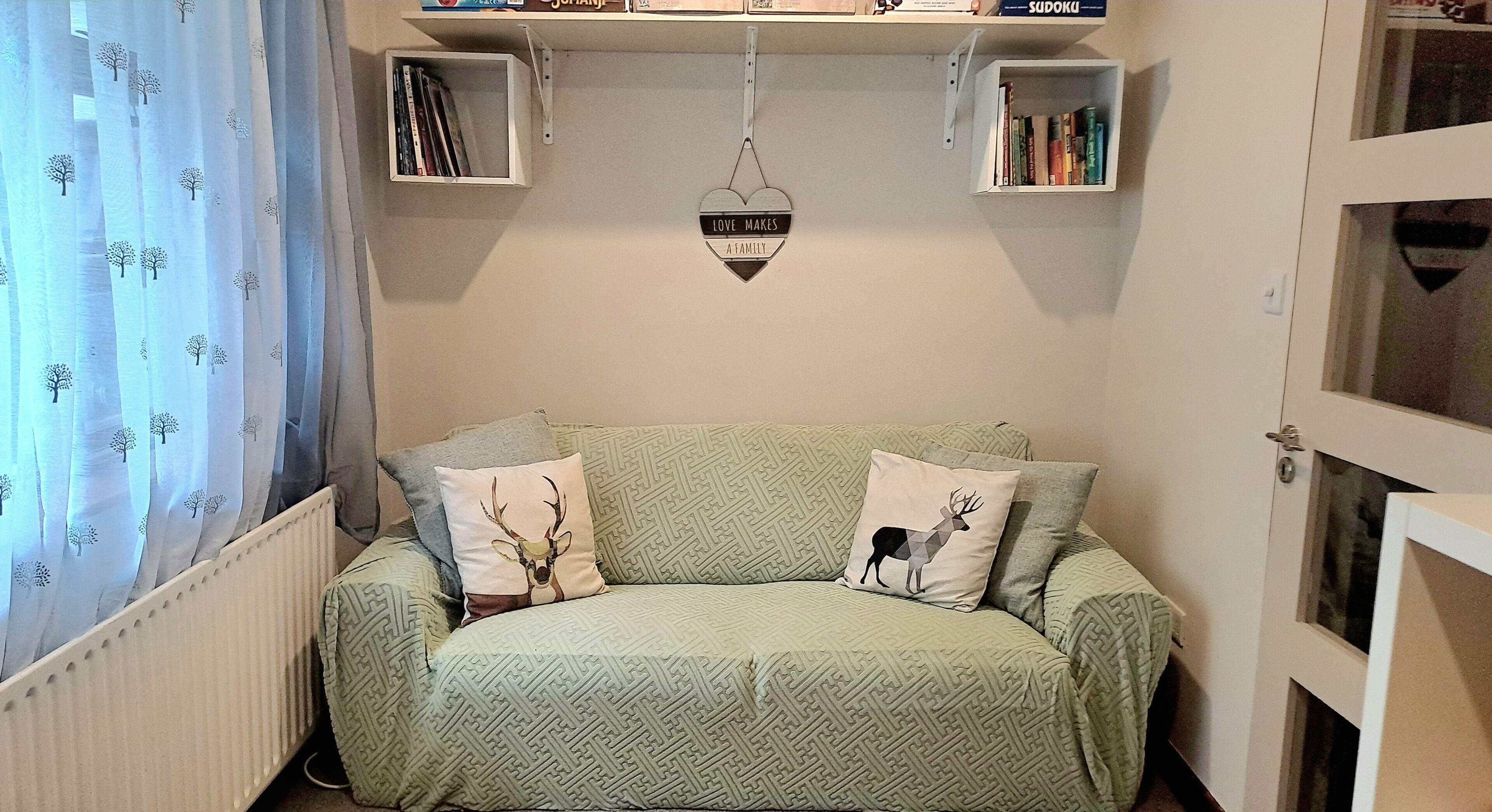 A cozy room with a patterned sofa, two pillows with animal prints, a heart-shaped decoration, and bookshelves above.