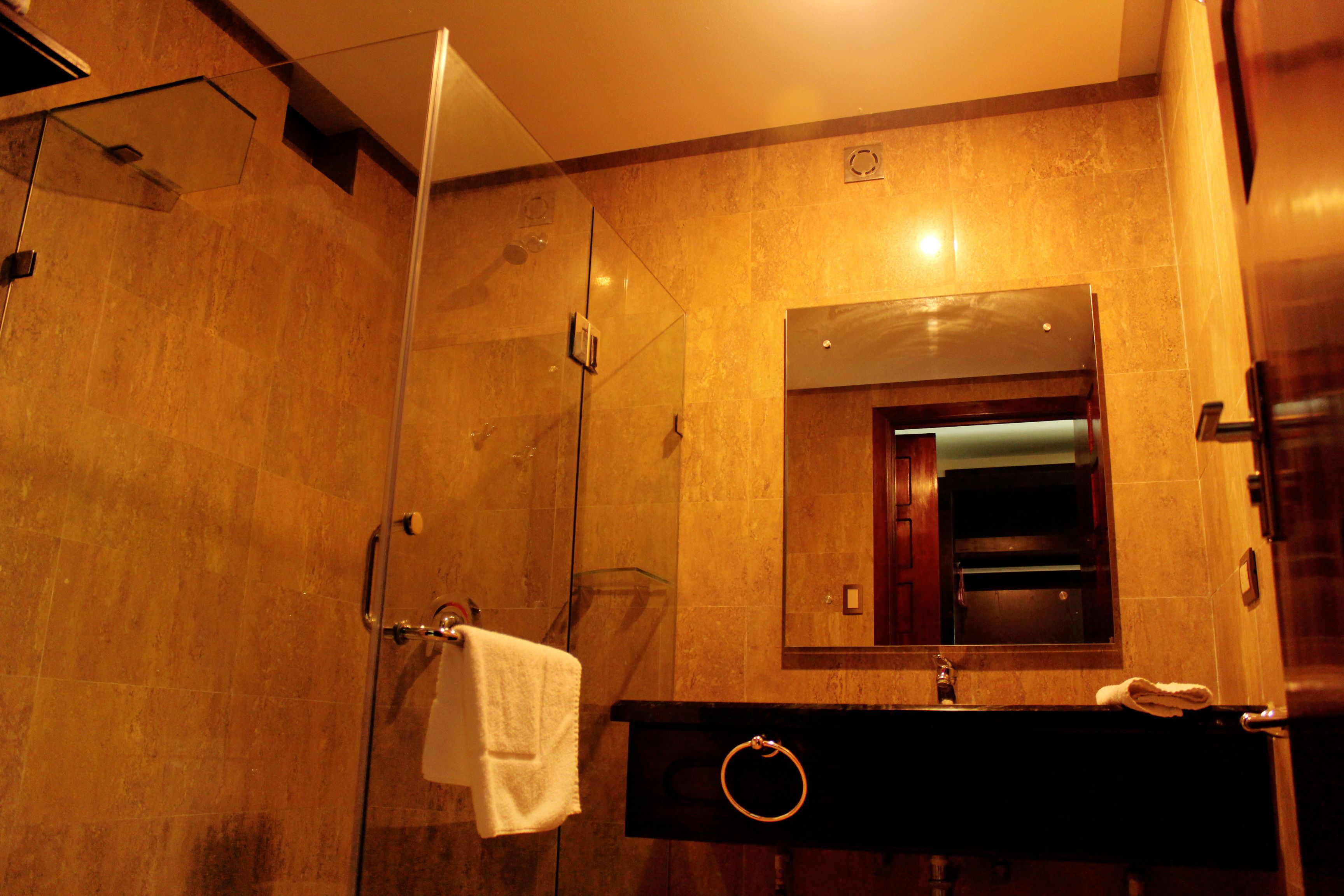 Un bany amb una dutxa de vidre, un lavabo amb anella per a tovalloles i un mirall sobre el lavabo.