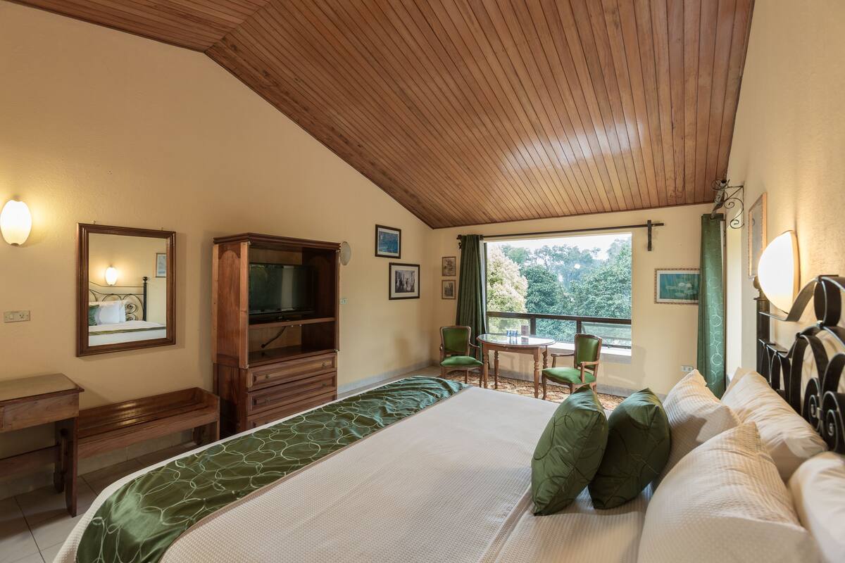 A bedroom with a large bed, a wooden wardrobe, a television, a desk, and a balcony with a view of trees.