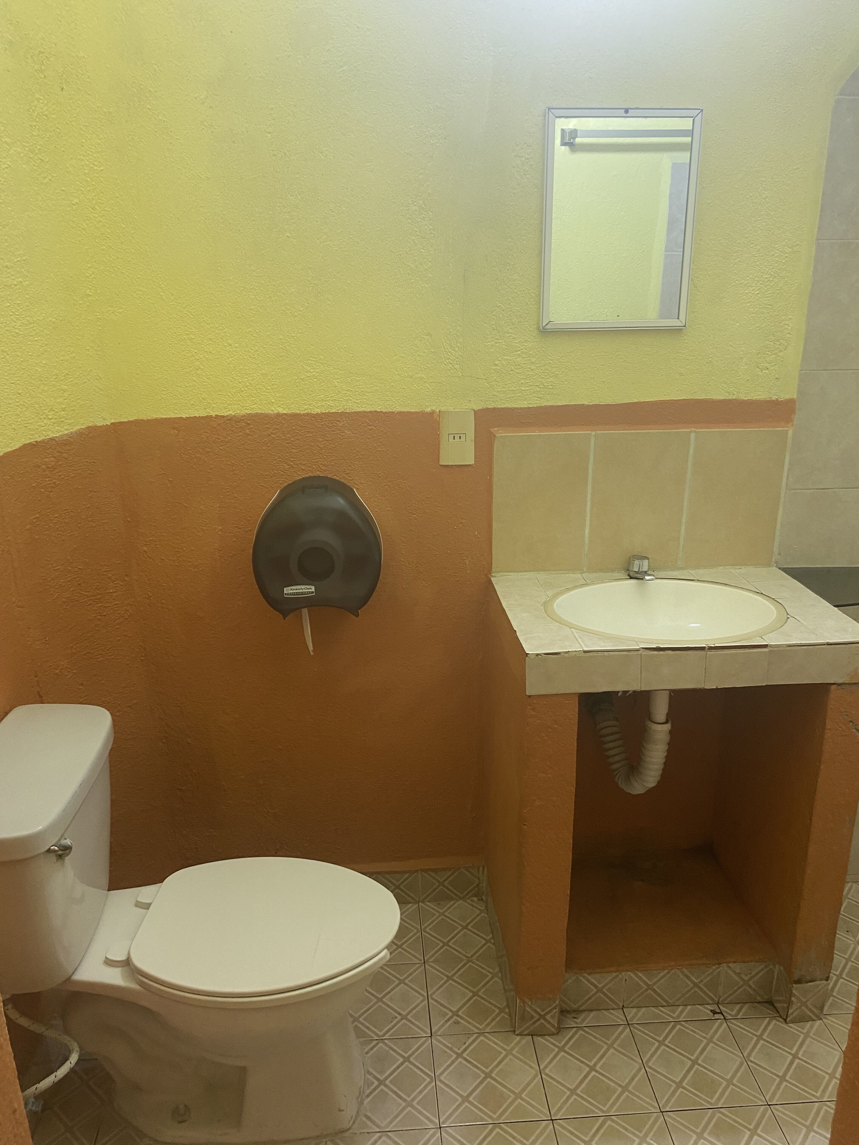 A bathroom with a toilet, sink, and mirror.