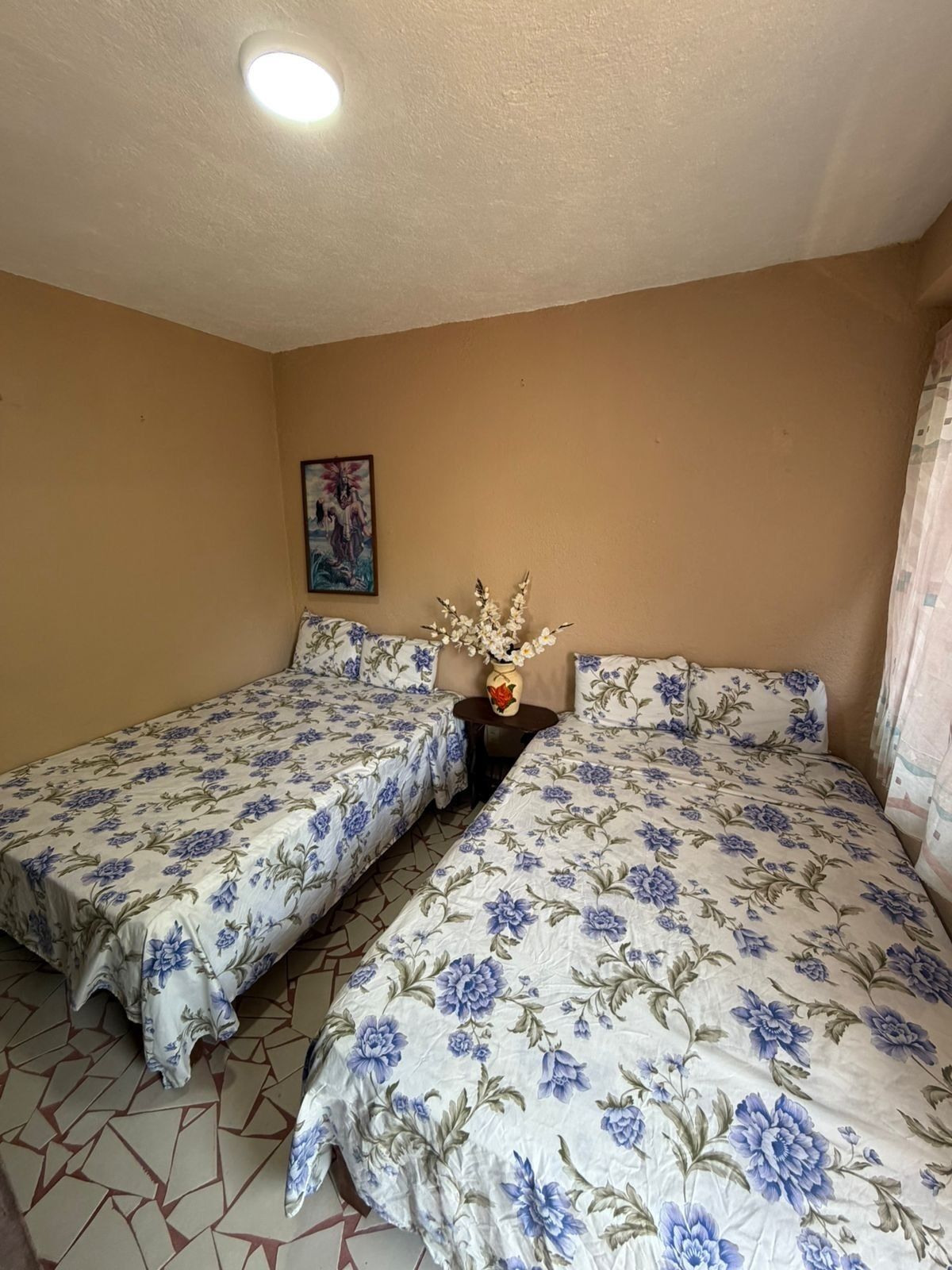 Una habitación con dos camas, una mesita con un florero, un cuadro en la pared y un piso con diseño.