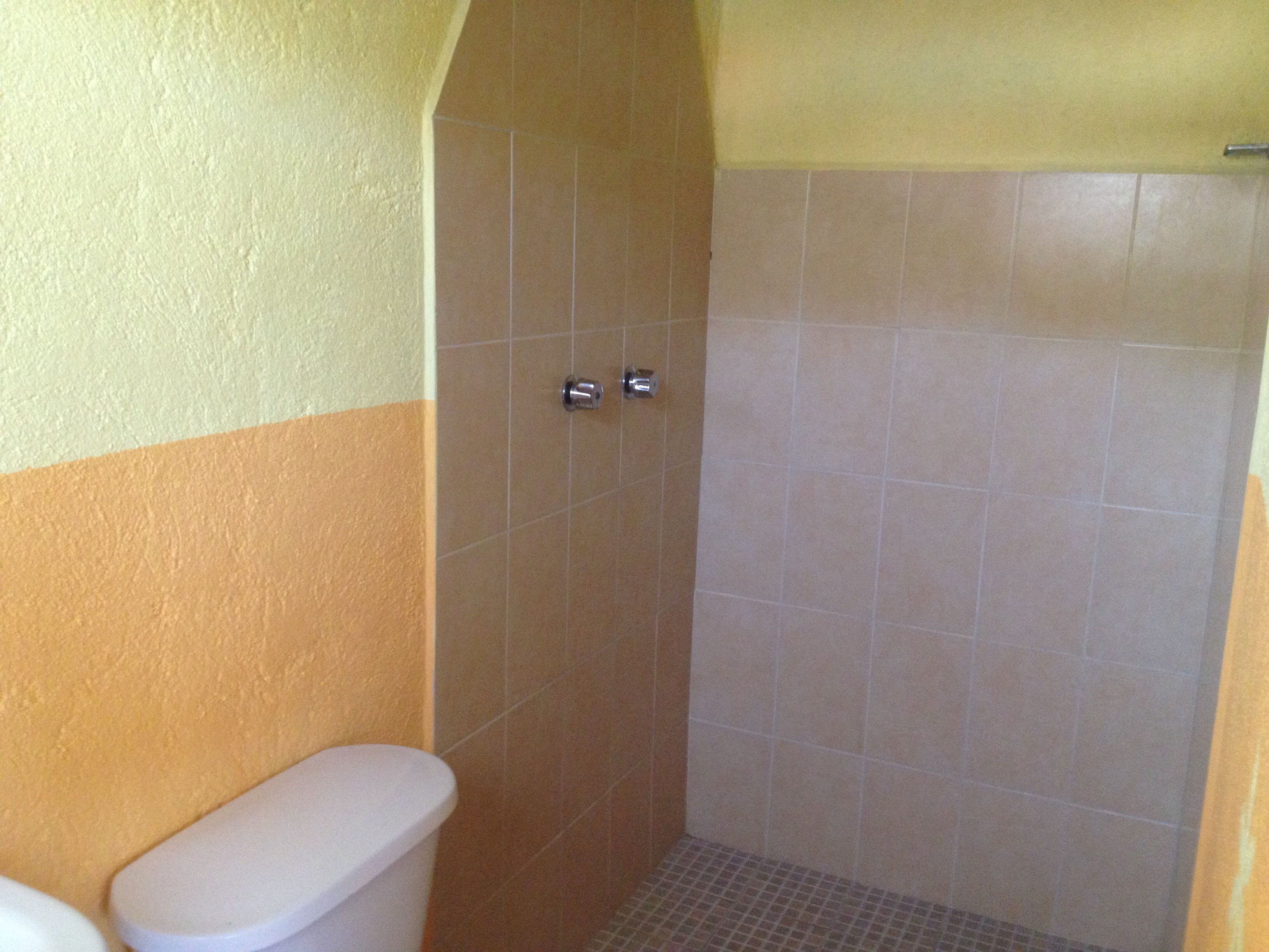 A bathroom with a toilet, a shower stall, and tiled walls.