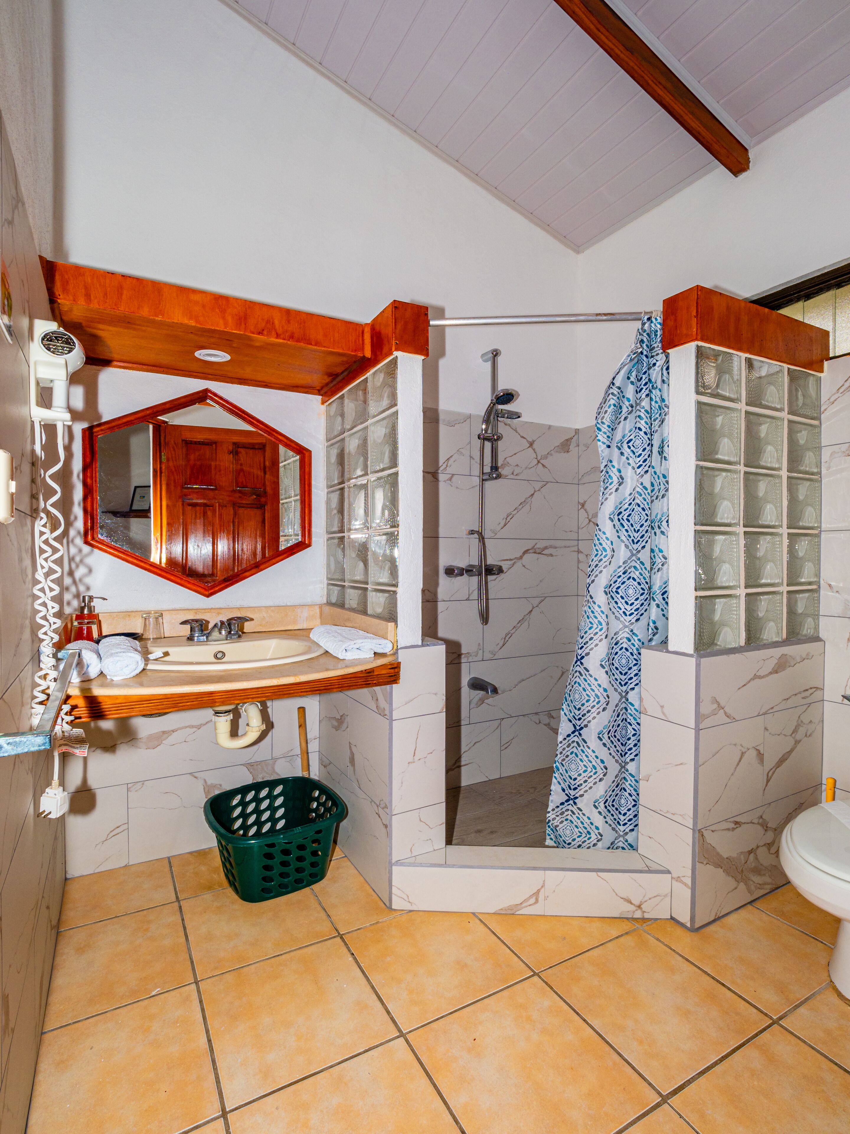 standard room, 1 king bed, pool access, garden area | bathroom | shower, hair dryer, towels