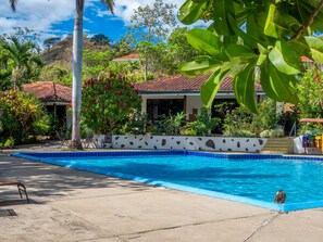 Una piscina con borde de azulejos, rodeada por un jardín con diversas plantas y una casa con tejado de baldosas al fondo.