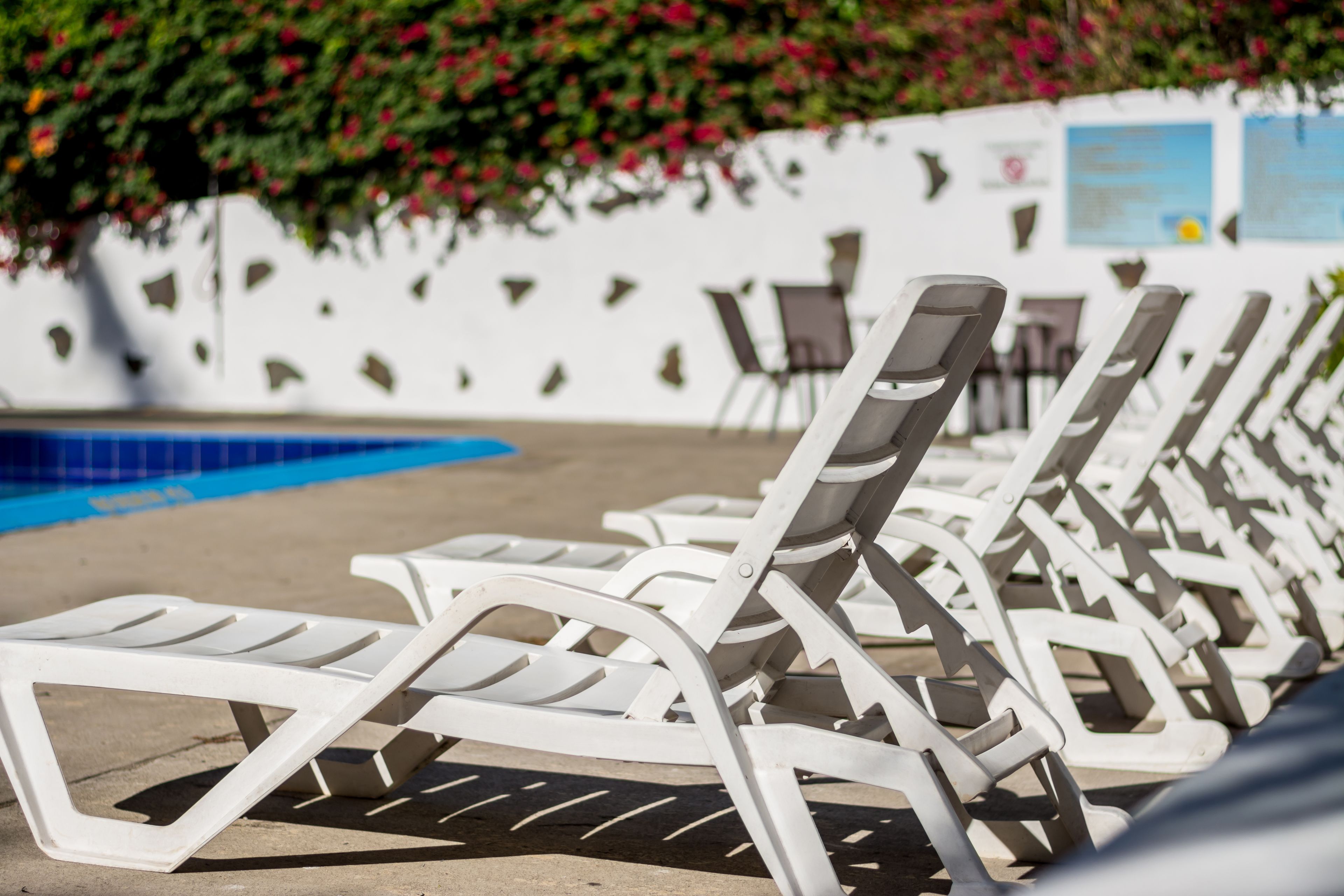 Una fila de sillas de sol blancas junto a una piscina con una pared blanca y una piscina azul al fondo.