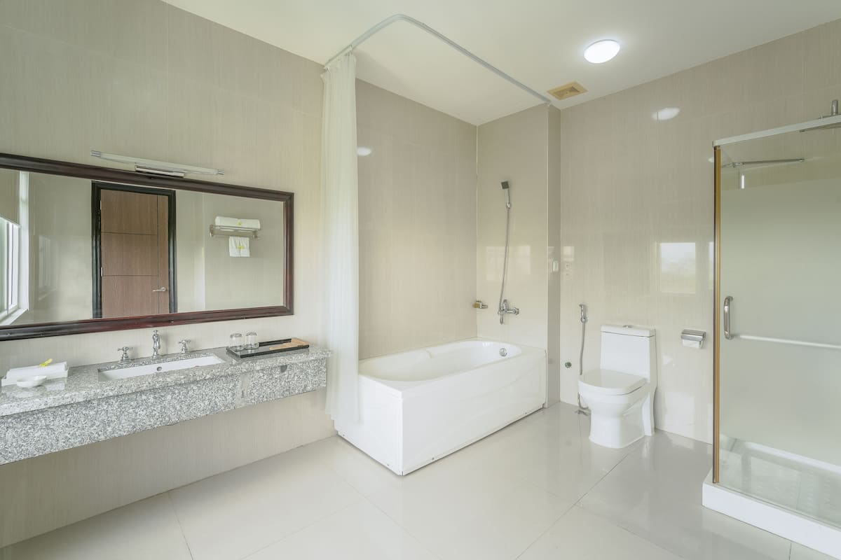 premier twin room, 2 single beds | bathroom | rainfall showerhead, designer toiletries, hair dryer, bathrobes