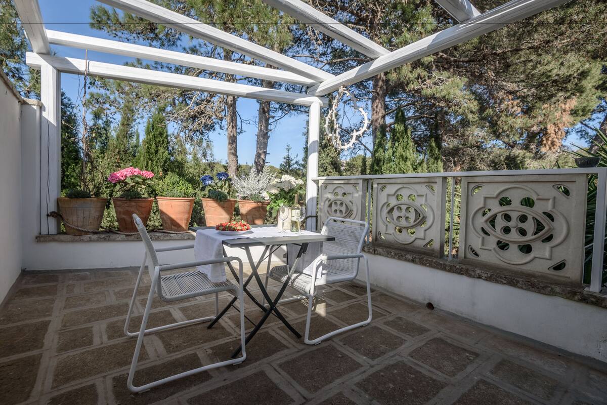 An outdoor patio with a table and chairs, surrounded by potted plants and a decorative fence.