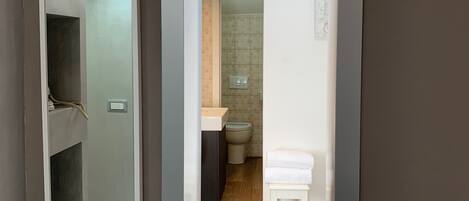 A modern bathroom with a shower, toilet, and sink.