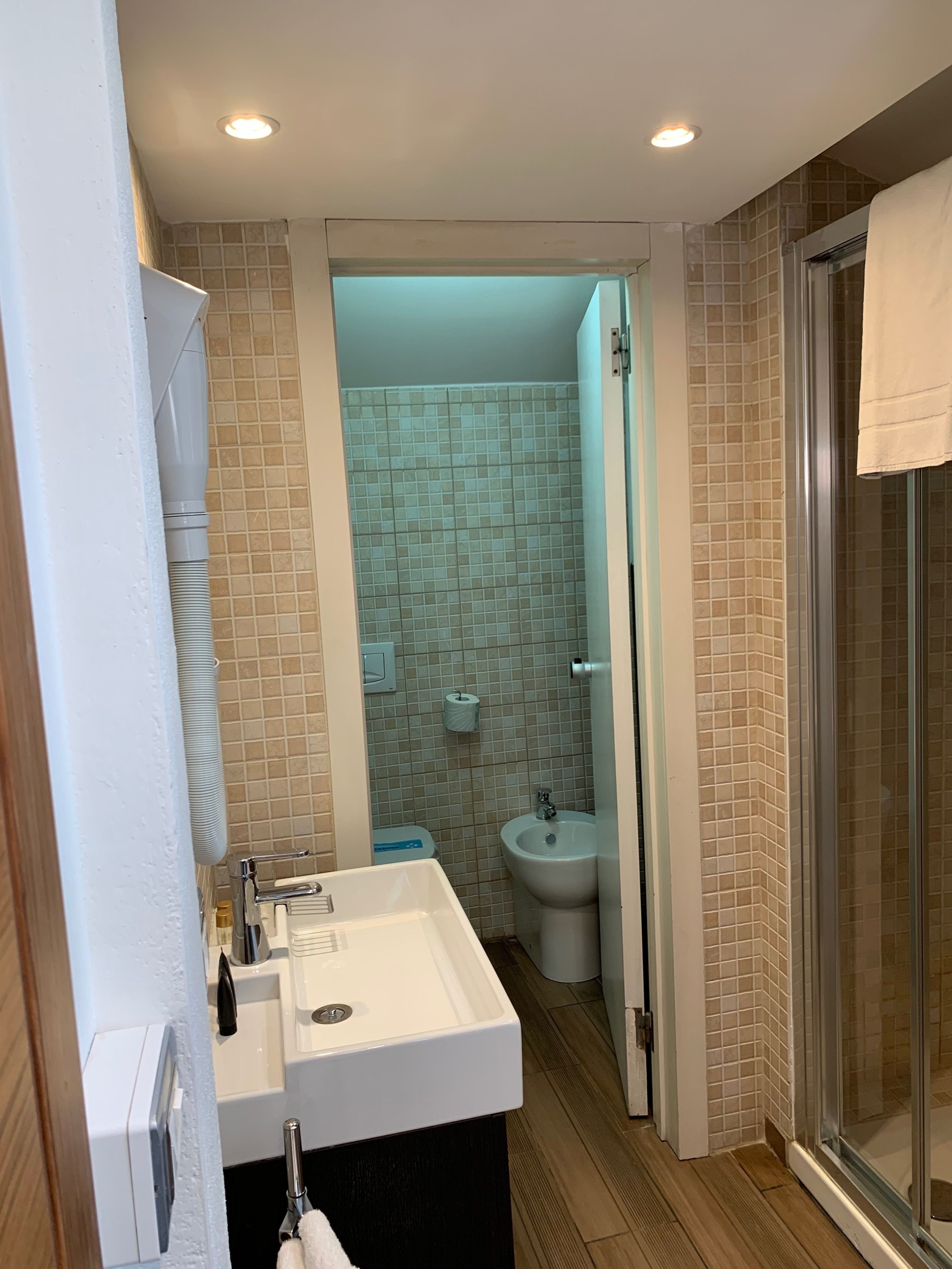 A bathroom with a white sink, bidet, and shower.