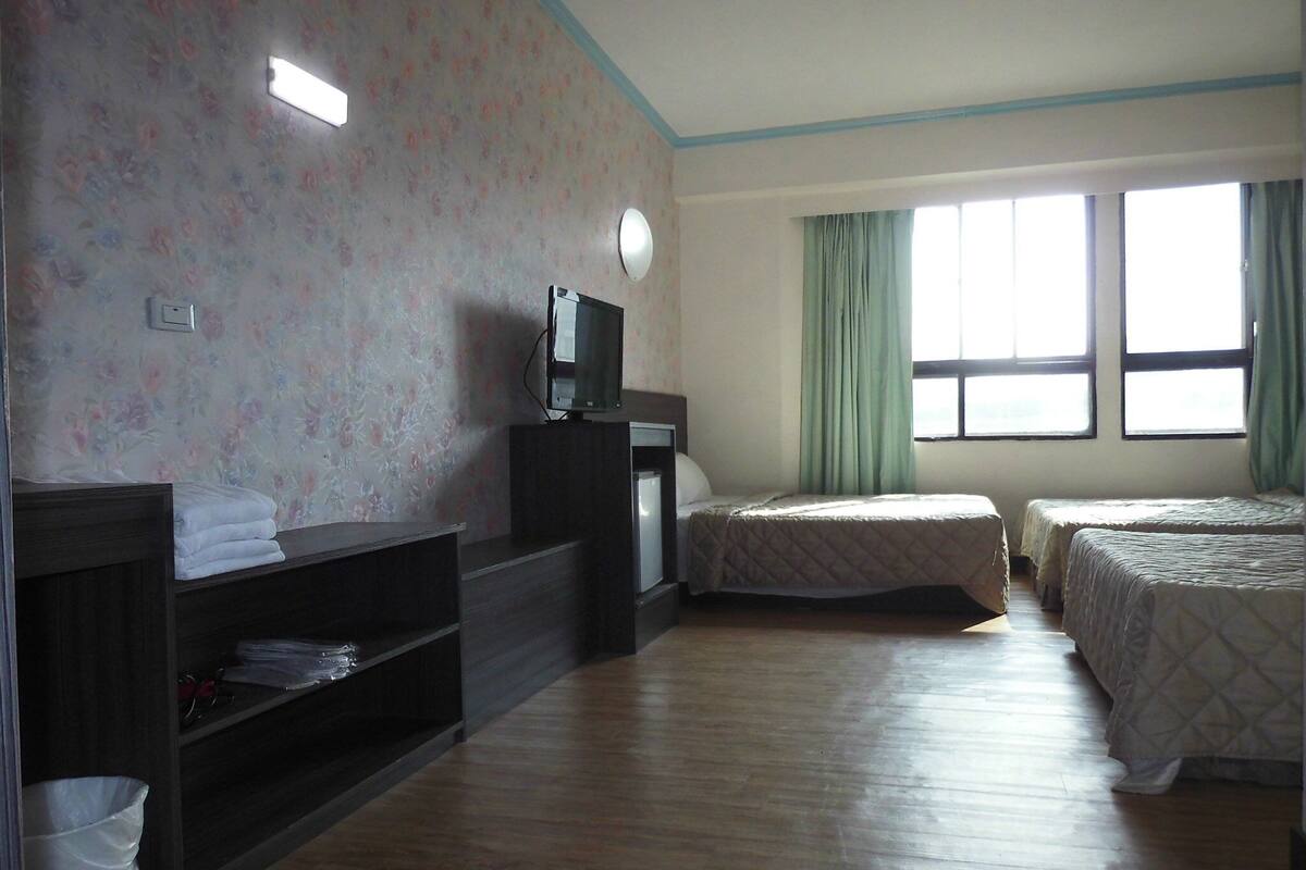 Habitación de hotel con piso de madera, televisor sobre un soporte, dos camas con ropa blanca, un escritorio pequeño y una ventana con cortinas verdes.