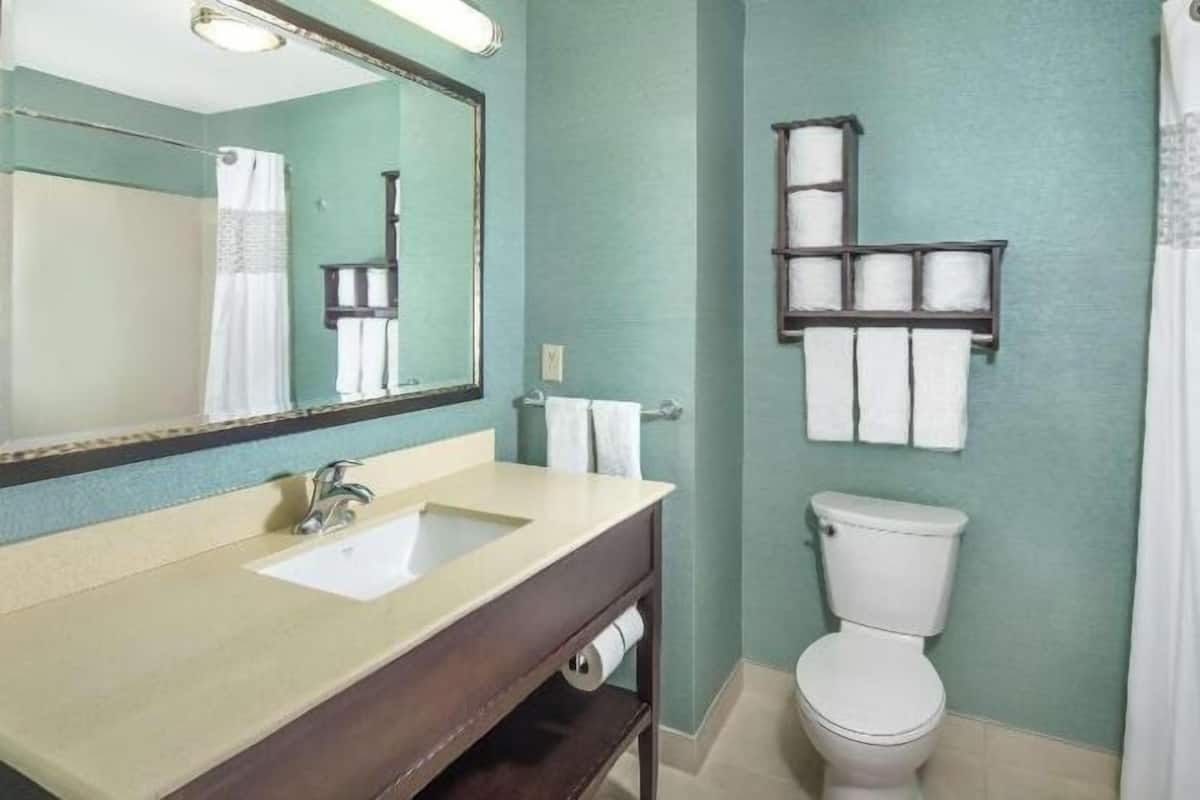 Combined shower/tub, free toiletries, towels