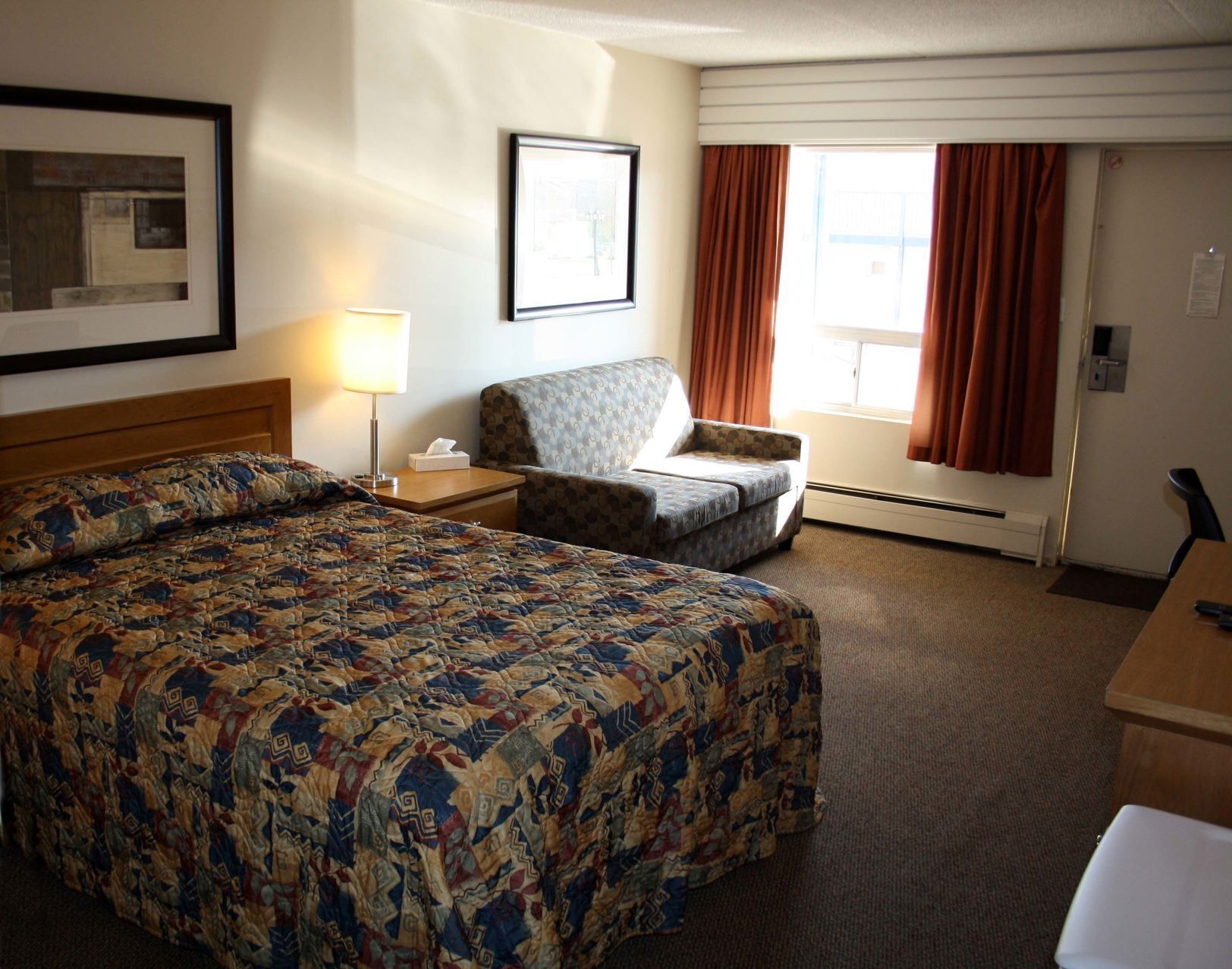 Desk, laptop workspace, blackout drapes, free WiFi