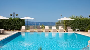 Seasonal outdoor pool, pool umbrellas, pool loungers